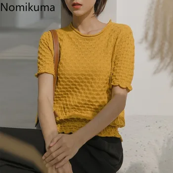 

Nomikuma O Neck Short Sleeve Knitted T Shirt Women Solid Color Hollow Out Tshirts Female 2020 New Korean Fashion Tops Tee 3a197