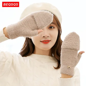 

BEQSQS Women Half Finger Gloves Thermal Thicken Gift Mittens Autumn Winter Hand Warmer Acrylic Knitted Flip Fingerless Gloves