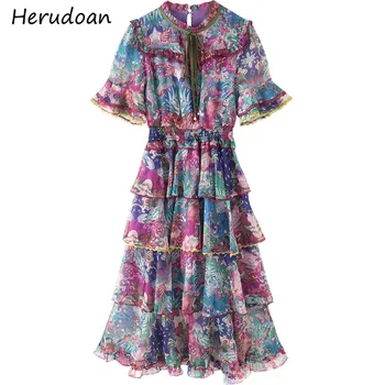 

Herudoan Designer Fashion Party Midi Dress Women Summer Flower Print Lace Bohemian Vacation Elegant Chiffon Cake Dress Vestoidos