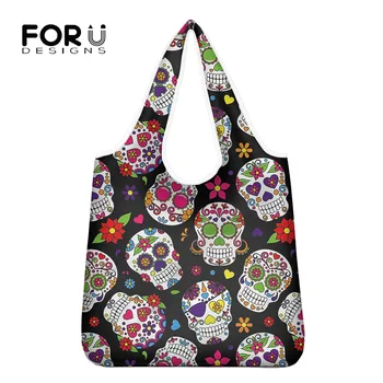 

FORUDESIGNS Women Protable Shpper Bags Gothic Grocery Bag Large Female Tote Eco-Friendly Bag Sugar Skull Print Shopping Bags