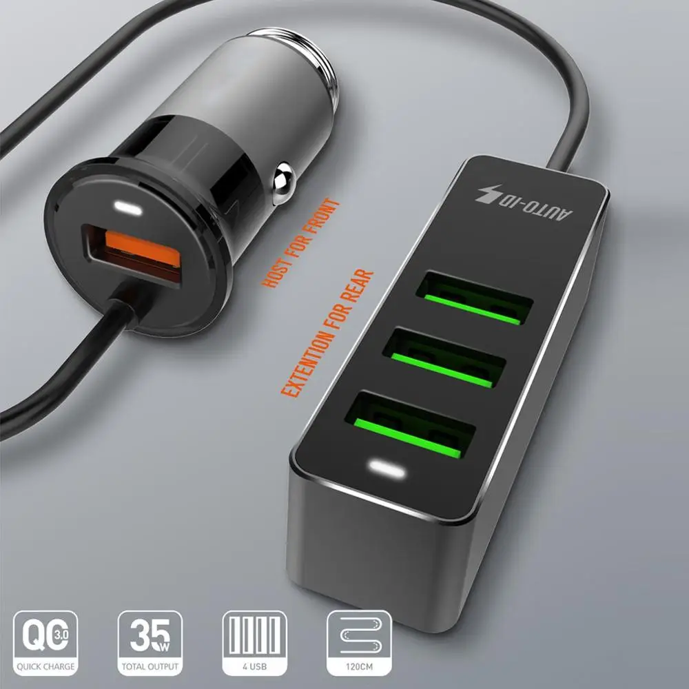 4 порта USB Автомобильное зарядное устройство QC3.0 быстрое зарядное устройство Универсальный USB быстрый адаптер с 120 см удлинитель Кабель для MPV автомобильный телефон C61