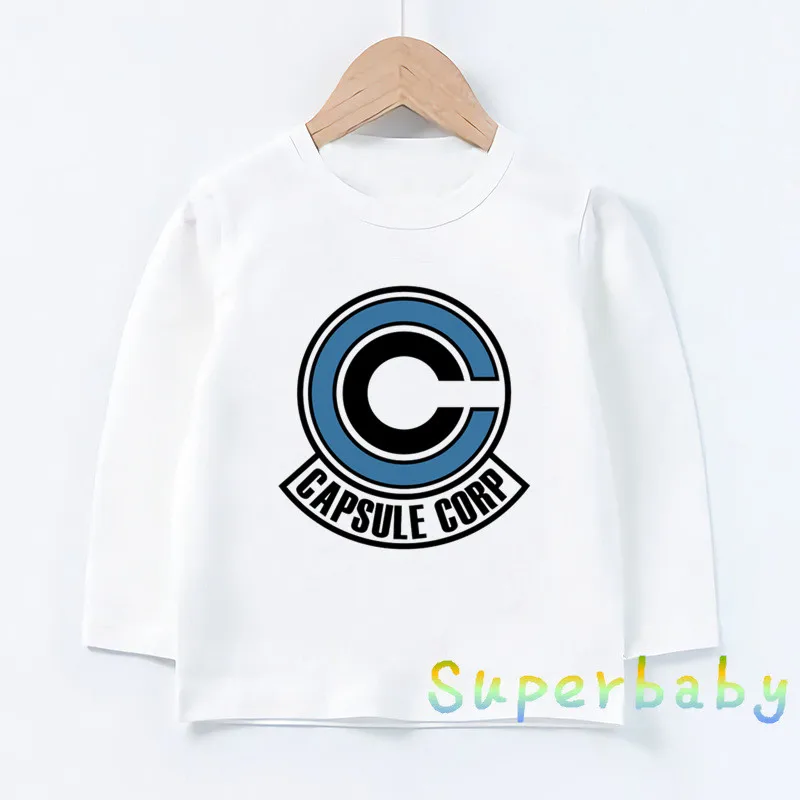Дети Dragon Ball Z чехол Capsule Corp. Футболка с принтом логотипа, Забавные топы с рисунками для маленьких мальчиков и девочек, Детская футболка с длинными рукавами, LKP5215