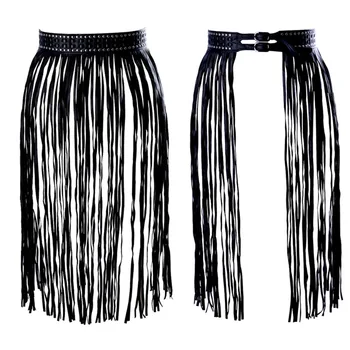 

Boho Sexy Women PU Leather Skirts Short Long Tassel Skirt Club Party Slim Fringe Skirt For Female Black Skirts Belt Decorative