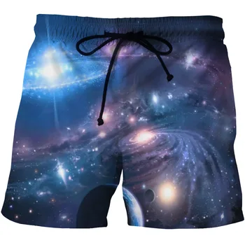 

New European and American men's quick-drying beach shorts 3D blue starprint leisure style pocket shorts on both sides