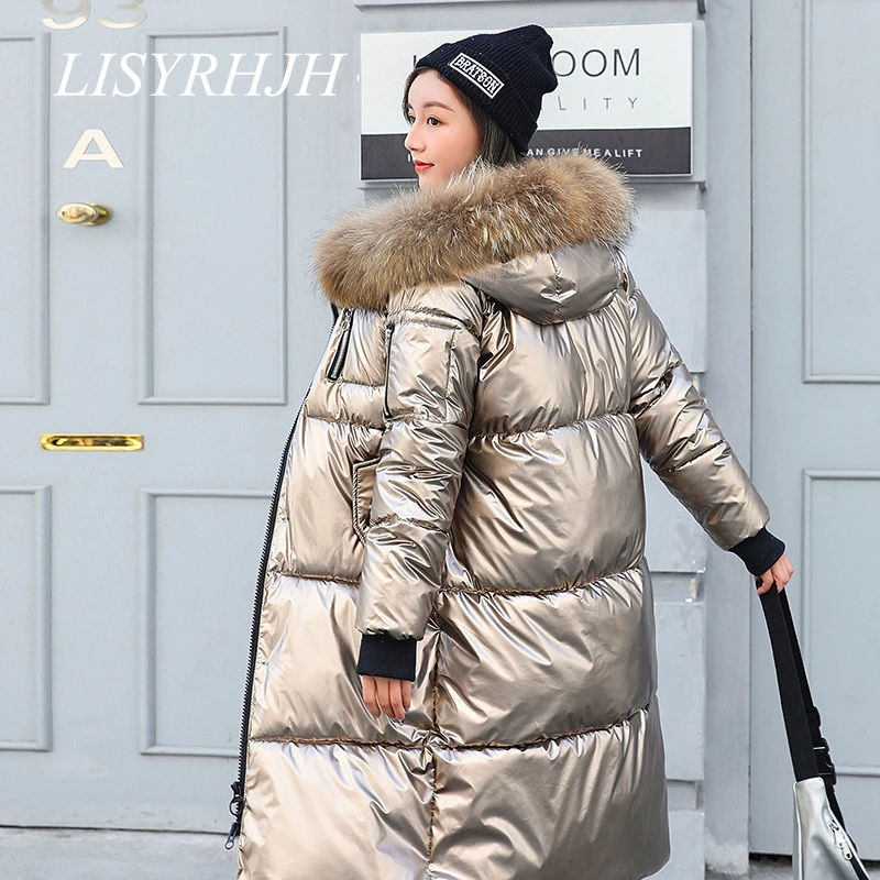 High Quality Solid Fur Metallic Colored Bright Jacket With Hooded Coat For Women Winter Warm Cotton Soft Long Parks New Bomber