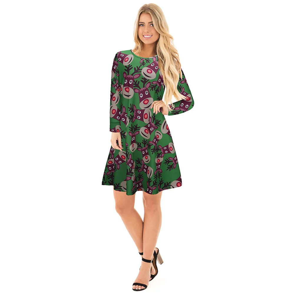 

2019 Winter New Style Europe And America WOMEN'S Dress Christmas A- line Skirt Crew Neck Long Sleeve Cartoon Elk Floral Printed