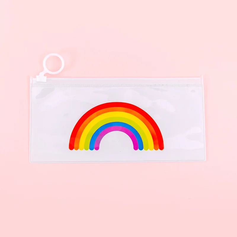 Kawaii Милая Радужная сумка для карандашей, прозрачный чехол на молнии с кольцом, Корейская сумка для карандашей, сумка для хранения канцелярских принадлежностей, школьная сумка для офиса - Цвет: Rainbow
