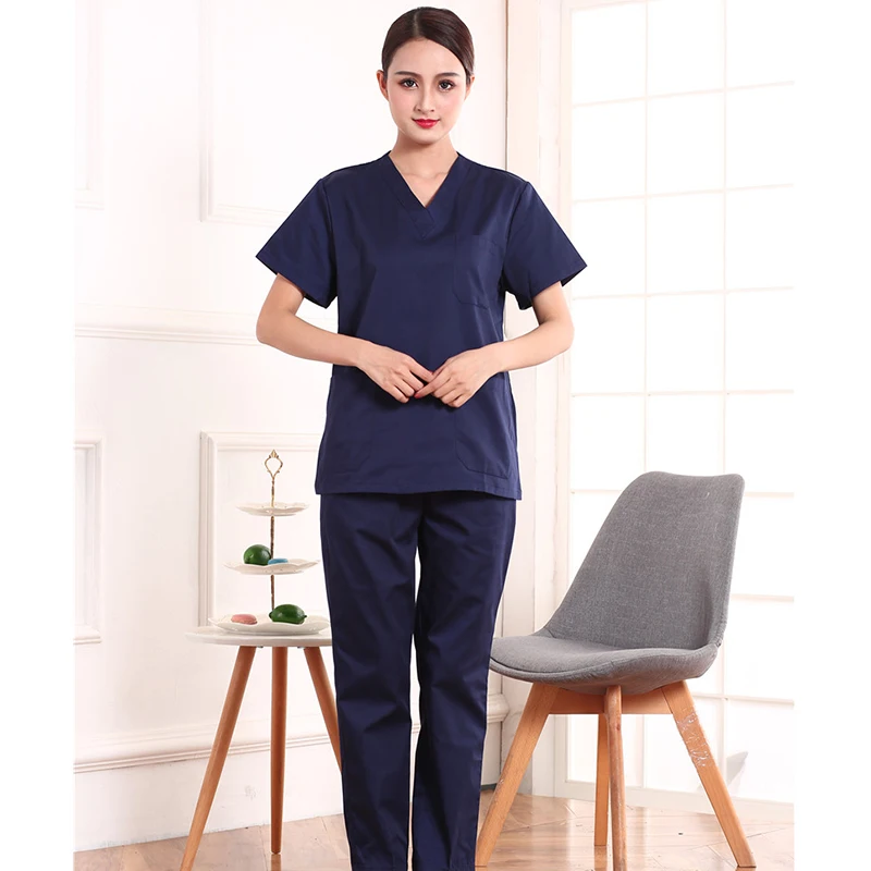 Женская медицинская Униформа Классический v-образным вырезом скраб топы из чистого хлопка медицинская одежда униформа медсестры Хирургическая Одежда(просто топ - Цвет: dark blue