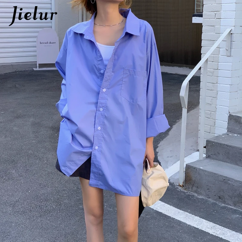 Jielur Korean Mid-length Harajuku Women Shirts Loose Blouse Female Street Casual Cool Boyfriend White Blue Shirt Pocket S-L