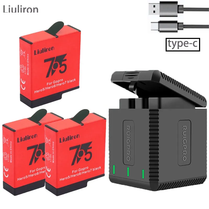 Высокое качество полностью декодированный аккумулятор Go pro Hero 7+ 3 порта TYPE-C зарядное устройство для GoPro Go pro Hero 5 6 7 черный аксессуары для камеры - Цвет: charger and 3battery