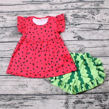

Summer toddler kids children hot sale fashion O-neck flying sleeves tunic green striped shorts outfits clothing girls sets