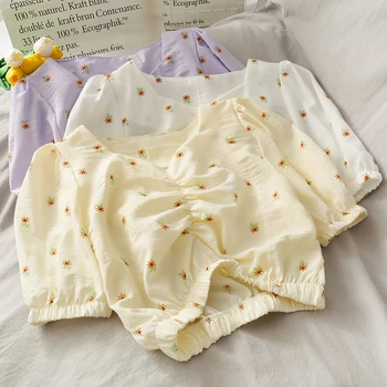 

printed women blouse summer new lantern sleeved v-neck drawstring short high waist lady elegant pulls tops tees