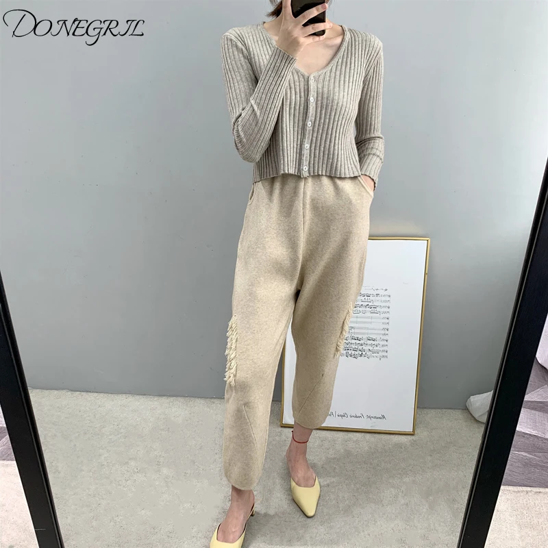 

Women Pents 2019 autumn and winter thick knit casual trousers tassel girl pant women wool pants long