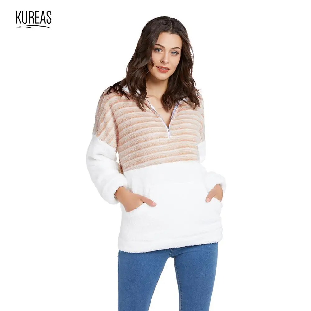 

Kureas Women Sweatshirts Winter Autumn Fuzzy Pullover Fleece Hoodies Casual Patchwork Stripped Elegant Clothes Pocket Zipper