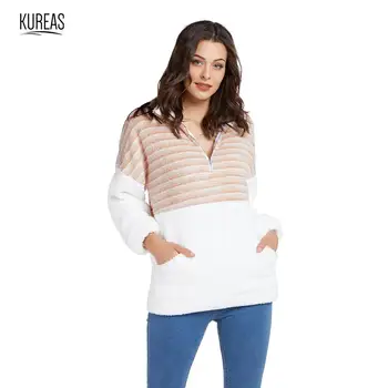 

Kureas Women Sweatshirts Winter Autumn Fuzzy Pullover Fleece Hoodies Casual Patchwork Stripped Elegant Clothes Pocket Zipper