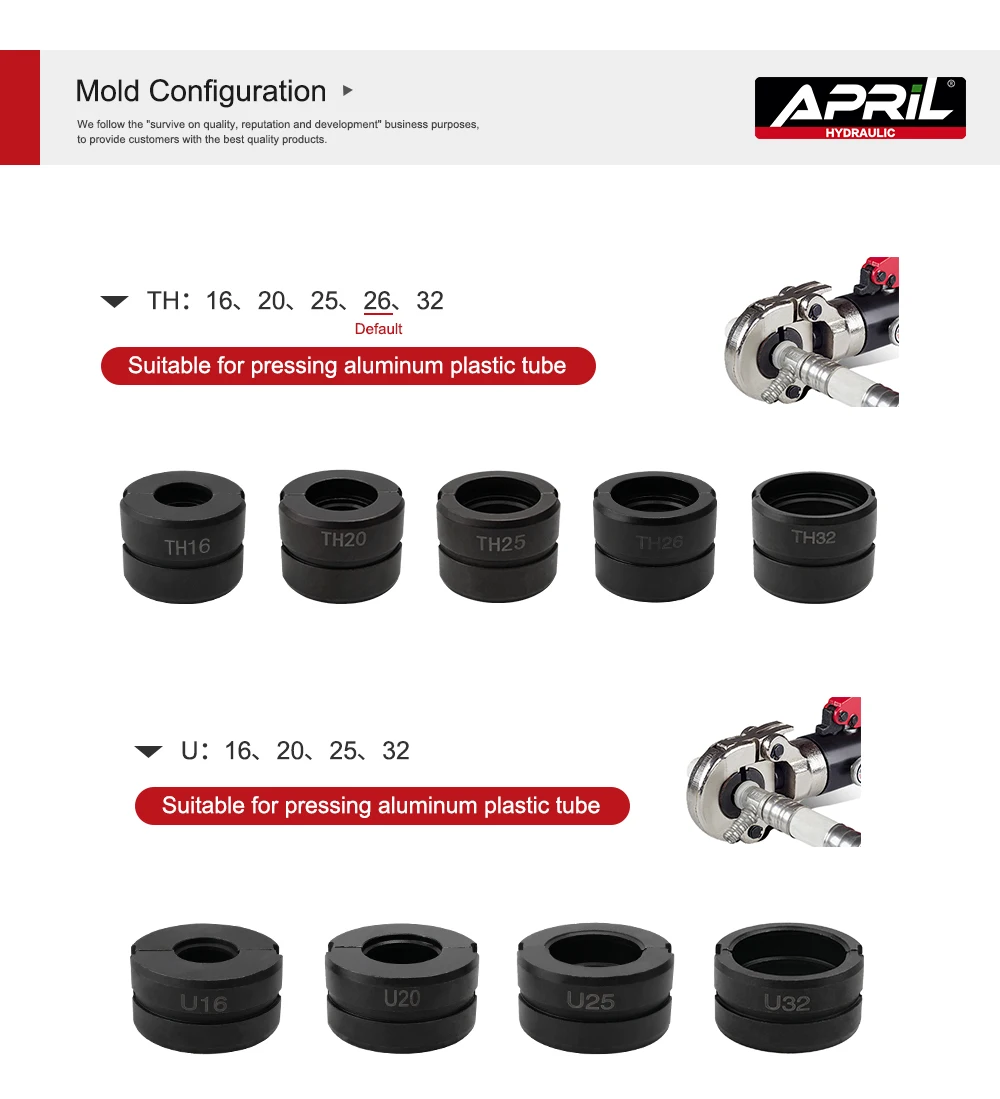 Виды гидравлических трубных обжимных штампов, TH, U трубных штампов для Pex фитингов и V, M, VAU, VUS трубных штампов для медных фитингов