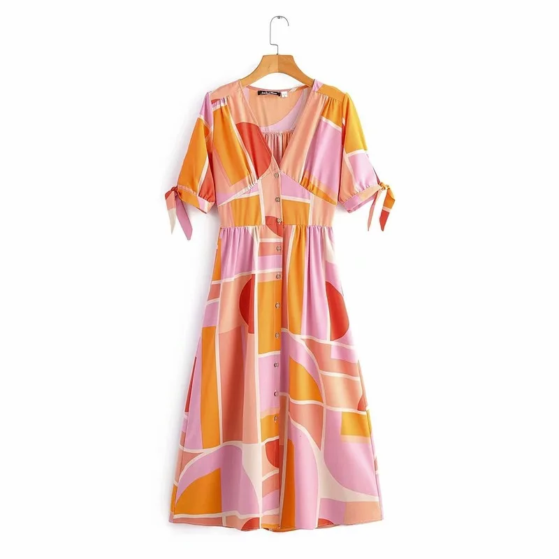 

New Style Summer Dress Western Style V-neck Short Sleeve High-waisted Buckle Design Geometry Printed Slimming Dress Women's