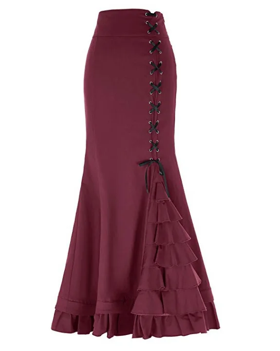 Винтажная юбка макси с цветочным рисунком для женщин, кружевная юбка русалки с оборками, королевская многослойная юбка, юбка с цветочным принтом, жаккардовая переплетенная юбка - Цвет: Solid Red