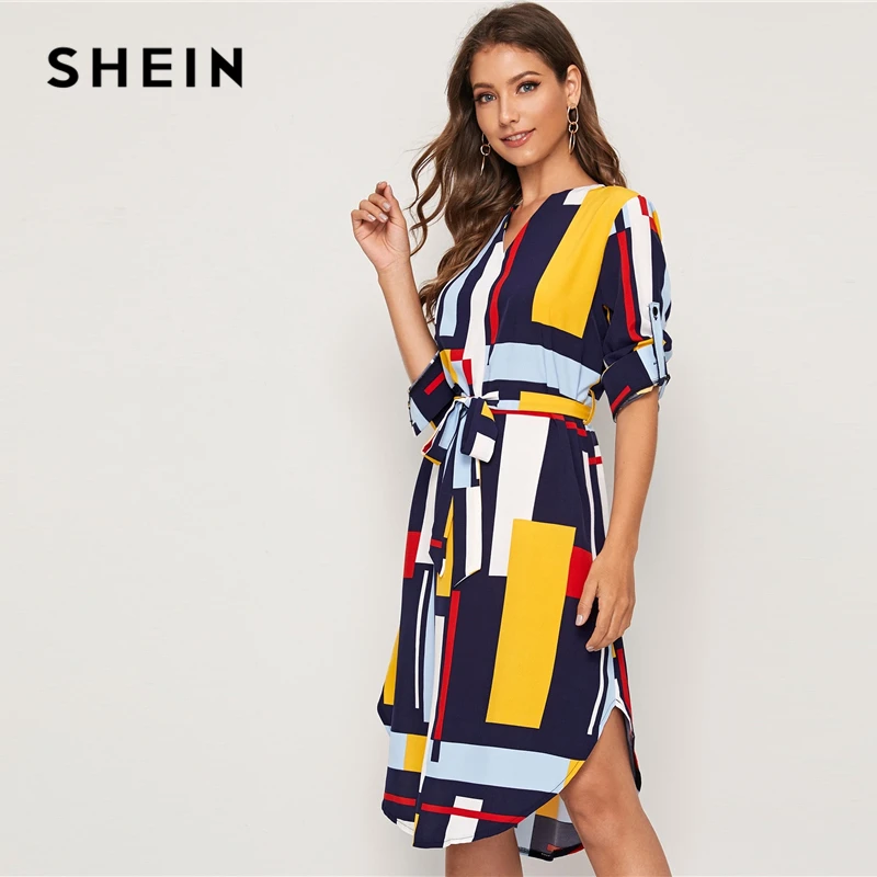 SHEIN модное Повседневное платье с v-образным вырезом и цветными блоками, с поясом, для женщин, осень, закатывающиеся рукава, пуговицы сбоку, прямые платья миди