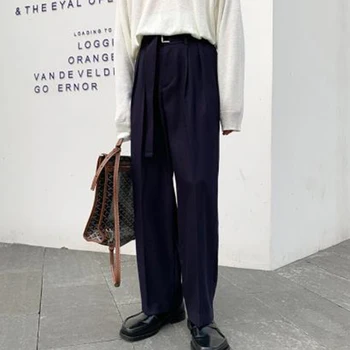 

Men High Waist Loose Casual Wide Leg Pant with Belt Male Women Streetwear Vintage Harem Trousers Straight Suit Pants