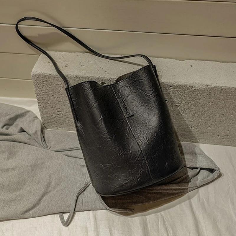 Женская сумка, Новая модная женская сумка в стиле ретро, кожаные сумки-ведро, большая вместительность, сумки через плечо для покупок - Цвет: Black