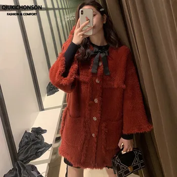 

Qiukichonson Autumn Winter Knitted Cardigan Women Long Vintage Synthetic Mink Cashmere Fringed Fuzzy Button Up Cardigan Tops