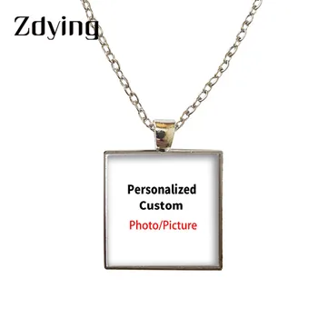

ZDYING Custom Personalized Photo Square Shape Glass Cabohcon Pendant Necklace Family Baby Child Dad Mom Grandparents Photo