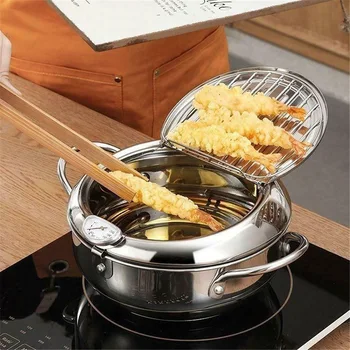 

Tempura Fryer with Thermometer Lid Non-stick Stainless Steel Frying Pot for Kitchen Health99