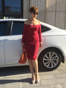 

Summer High Quality Black Red Long Sleeve Slash Neck Knee Length Rayon Bandage Dress Evening Party Cute Dress