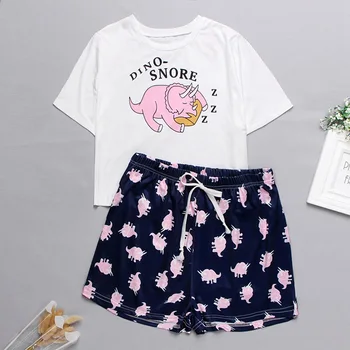 

Womens Homewear Cute Cartoon Printed Pajamas Set Casual Short Sleeve T-Shirt Sleepwear Nightwear Set Summer Pyjama For Women Set