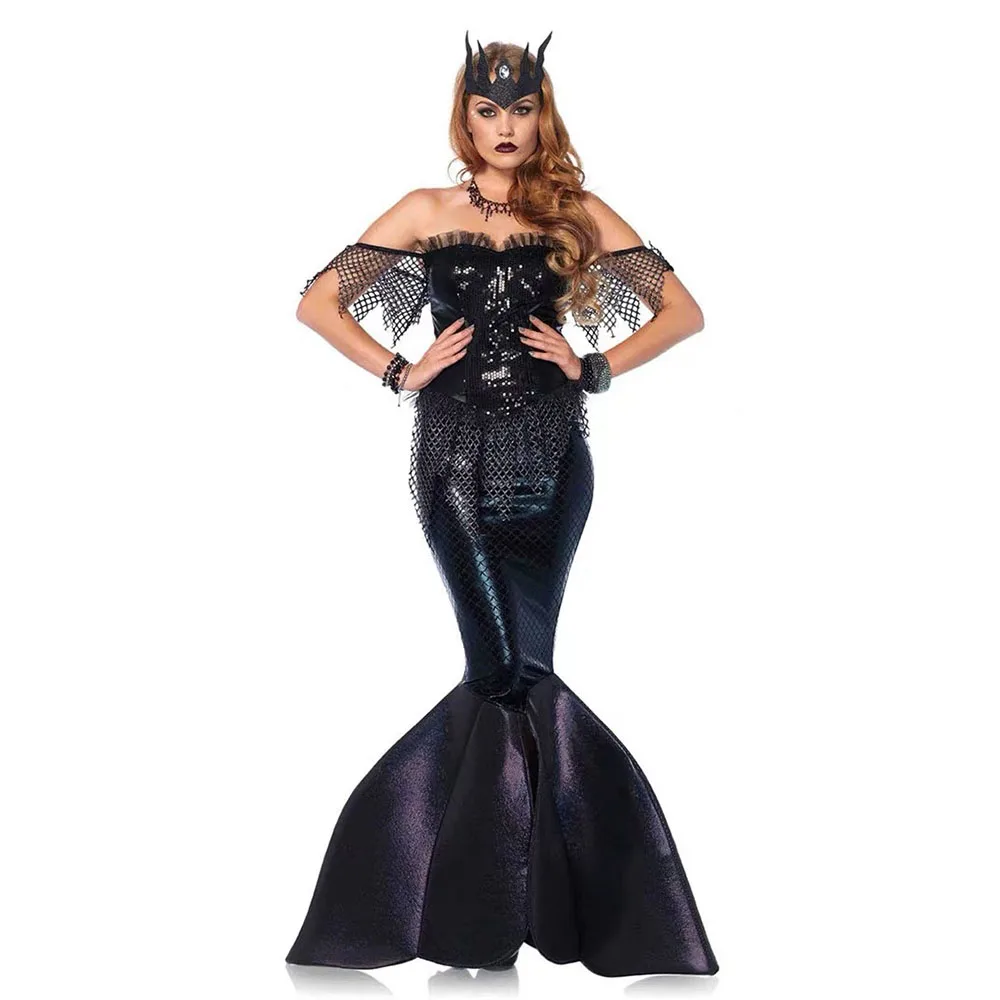 Women Mermaid Princess Costume For Halloween Black Strapless Sequins Little Mermaid Ariel Princess Cosplay Fancy Dress Up