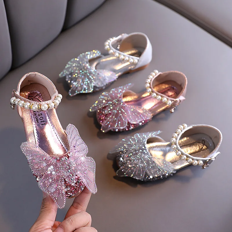 

2021 Butterfly Pearl Sweet Girls Flower Sandals Casual Glitter Children princess Autumn Summershoes For Party Casual Shoes