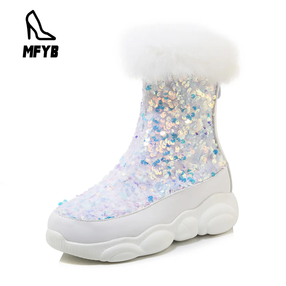 

MFYB Women's boots 2019 winter new comfortable thick platform waterproof platform 35-43 sequins low tube snow boots