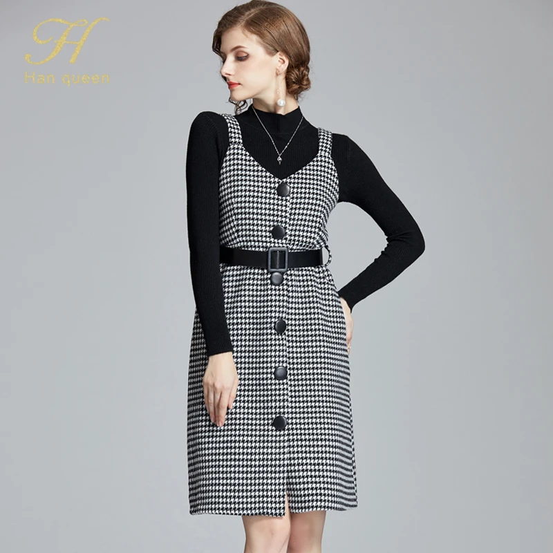 H Han queen Vestidos, 2 предмета, вязаный пуловер и клетчатое однобортное платье, женское элегантное офисное повседневное женское вечернее платье