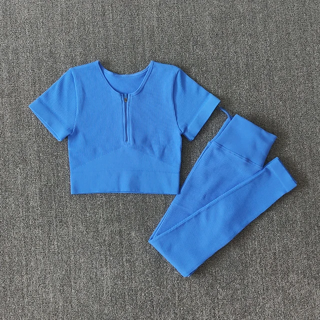 Seamless Women Yoga Set Workout Sportswear Gym Clothing Zipper Long Sleeve High Waist Leggings Fitness Bra Athletic Sports Suits ShirtsPantsBlue