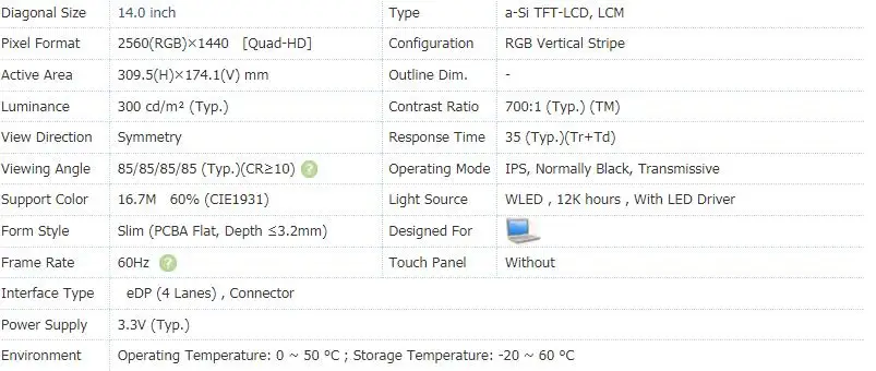 LP140QH1-SPF1 LP140QH1(SPF1) Martix для lenovo thinkpad t460p 14,0 ips ЖК-дисплей Панель Экран QHD 2560*1440 eDP 30pin 00HN877