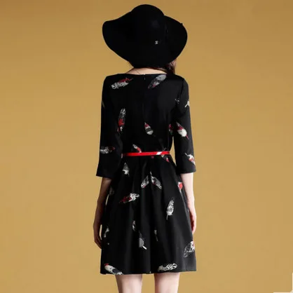 Весеннее Новое Стильное платье с цветочным принтом и перьями, Женская приталенная юбка с рукавом три четверти для похудения