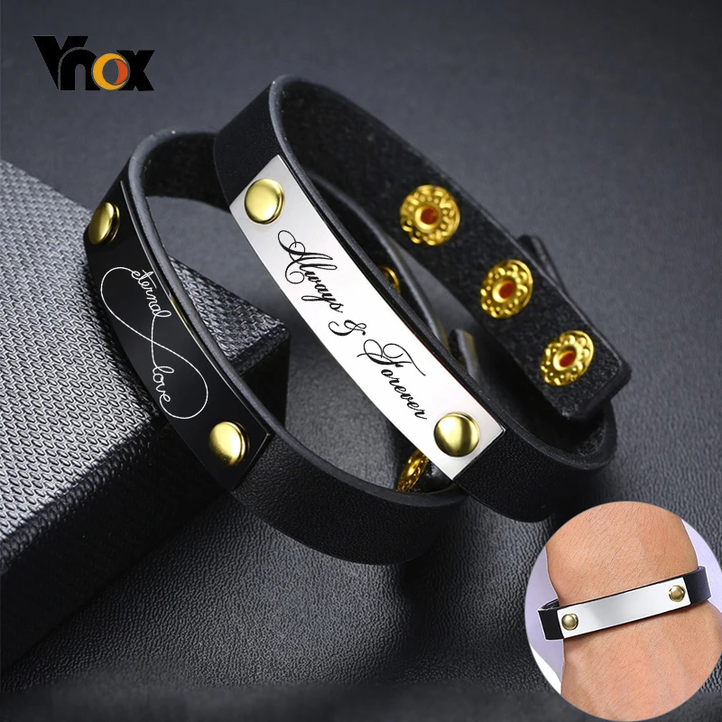 Vnox настроить имя слова нержавеющая сталь ID браслеты для мужчин черный натуральная кожа браслет классический персонализировать подарок для влюбленных