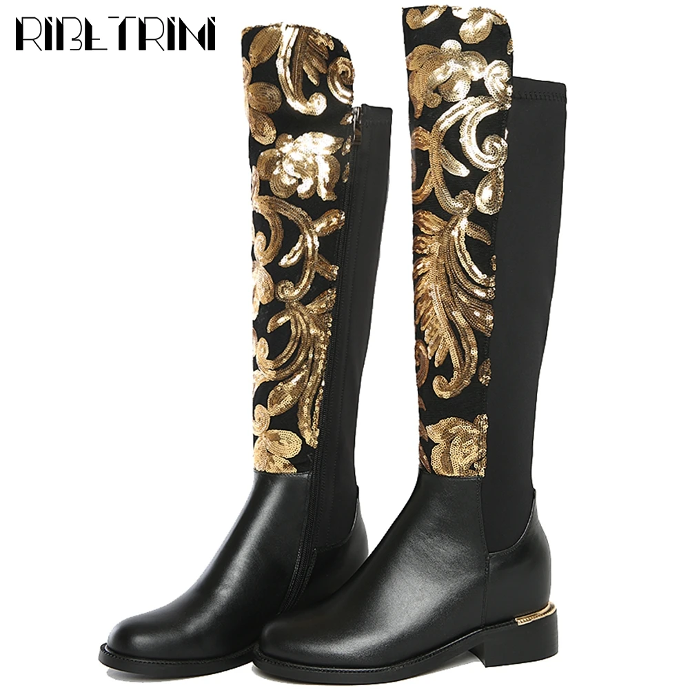 

RIBETRINI Brand Lady Appliques Low Heels Shoes Woman Over The Knee Boots Women 2020 Black Casaul Office Boots