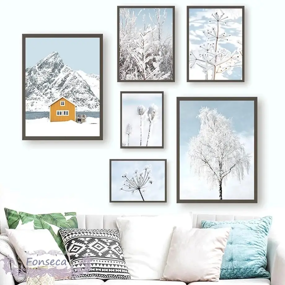 Fresh Natural Winter Snow Mountain House Canvas Painting White Snow Piangente Willow Plant Leaf Poster Wall Art Picture Home Decor