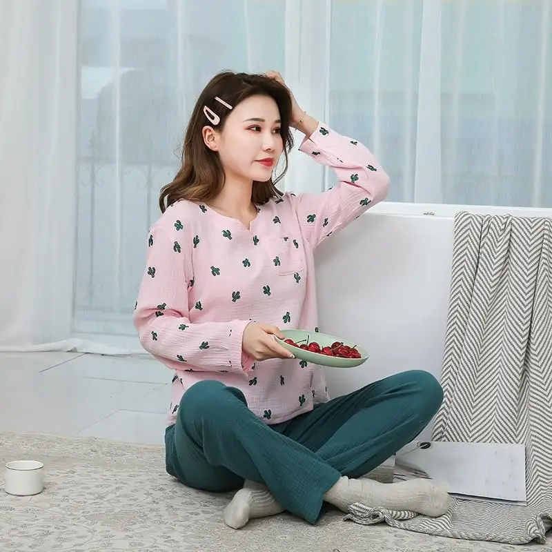 

Women Long Sleeve Sleepwear Suits Round Neck Autumn Print Home Suit Cotton Water-Washed Crepe Yarn Pajama Sets