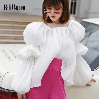 

New Spring White Off Shoulder Women Shirts Female Lantern Long Sleeve Slash Neck Sexy Blouses Elegant Korean Chiffon Shirt Tops