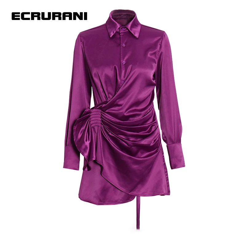 ECRURANI Purple Casual Shirts For Women Lapel Long Sleeve Ruched Loose Lace Up Straight Blouses Female 2022 Fashion New Clothing