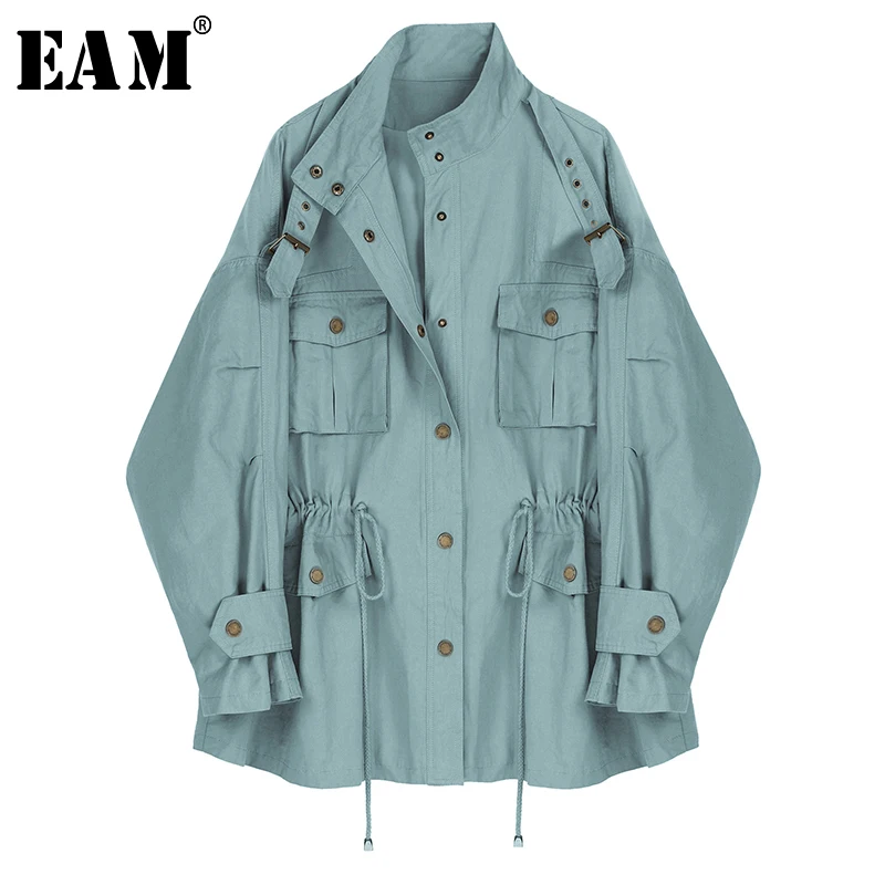 

[EAM] Loose Fit Blue Drawstring Button Split Big Size Jacket New Stand Collar Long Sleeve Women Coat Fashion Spring 2020 1R021