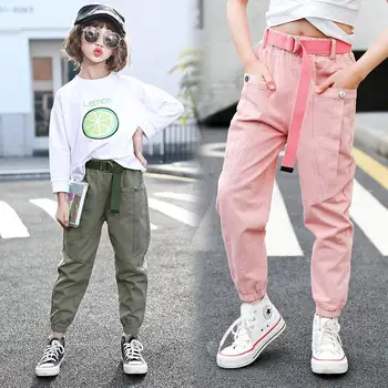

Kids Girls Cargo Pants Pink Black Color Street Trousers Children Clothing Loose Pant with Belt for Teen Girl 4 8 12Y
