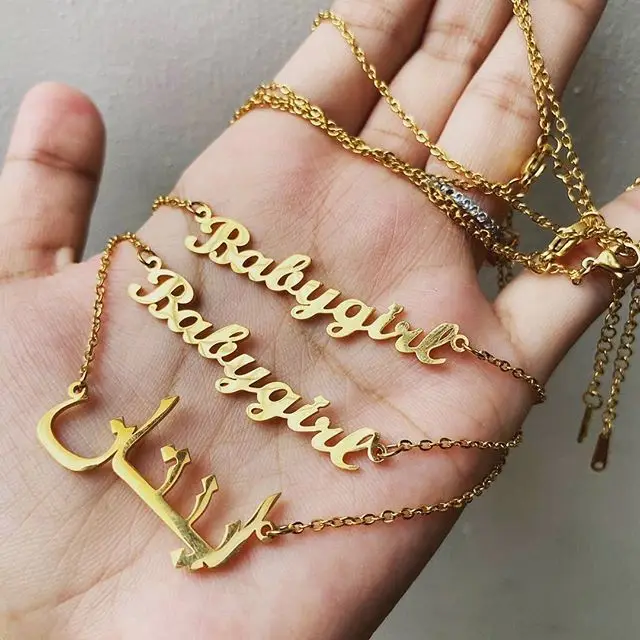 

Stainless Steel Personalized Custom Name Necklace Gold Choker Chinese Arabic Necklace Pendant Nameplate Gift Unisex Letter