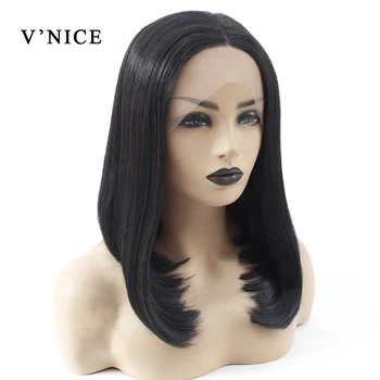

V'NICE Black Color Bob Style Synthetic Lace Front Wig with Baby Hair Short Middle Part Heat Resistant Fiber Wigs for Black Women