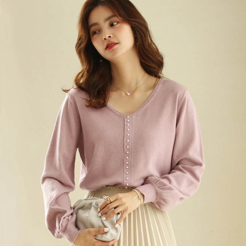 

New Women Beading Pearl V Neck Loose Knitted Pullover Sweater Casual Fashion Autumn Pink Blue Sweater Lantern Sleeve Jumper Fema