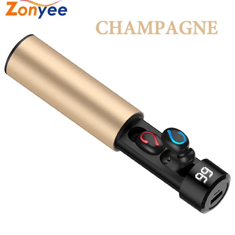Champagne Беспроводные наушники 3D стерео мини Bluetooth наушники 5,0 двойной микрофон Спорт IPX5 Водонепроницаемый Банк питания Heaphone Авто сопряжение гарнитура - Цвет: Champagne