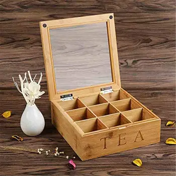 

Rustic Wooden Tea Bag Storage Chest Box Essential Oil Wooden Box Case Holder Multipurpose Display Box With Clear Lid